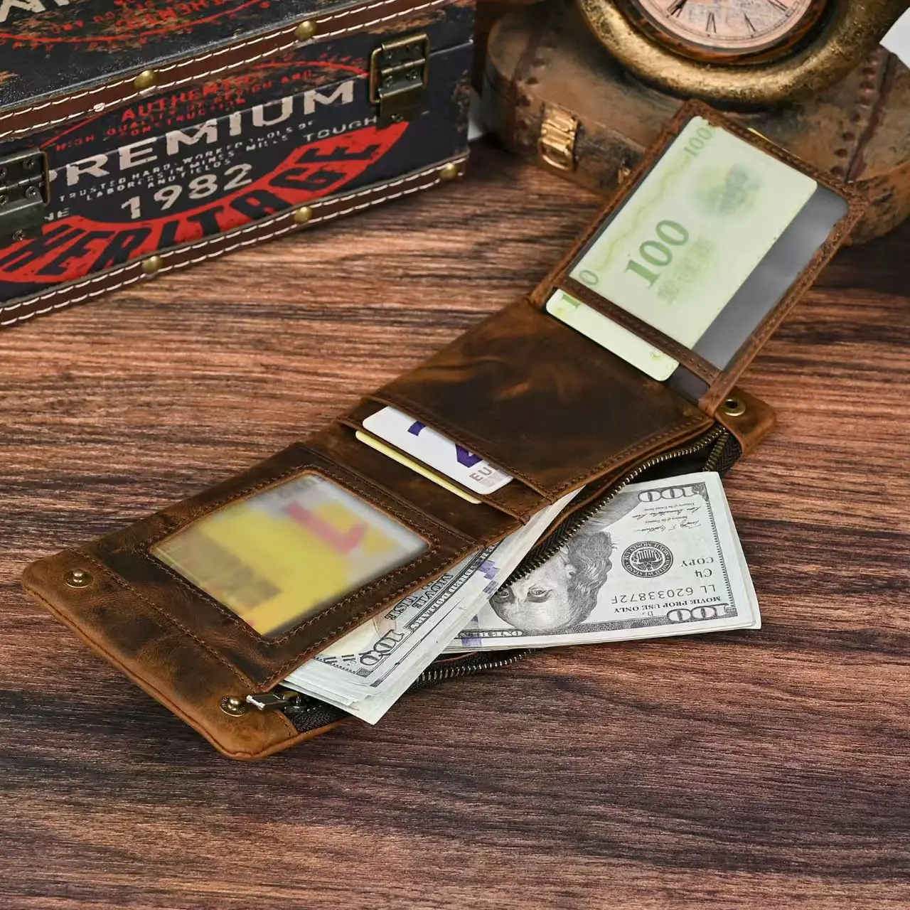 LION VERA Men's Genuine Leather Wallet Retro Handbag Short Chain Wallet Large Capacity Multi Card Slot Practical Cash Clip