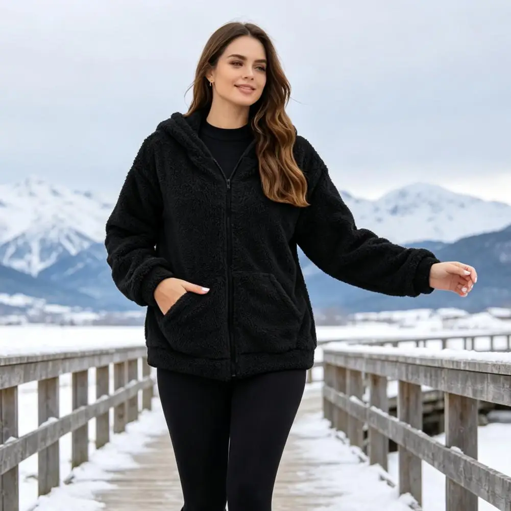 Warm Zip-up Hoodie Soft Plush Outerwear Women’s Oversized Fleece Jacket with Pockets Warm Hooded Coat Long Sleeve for Fall
