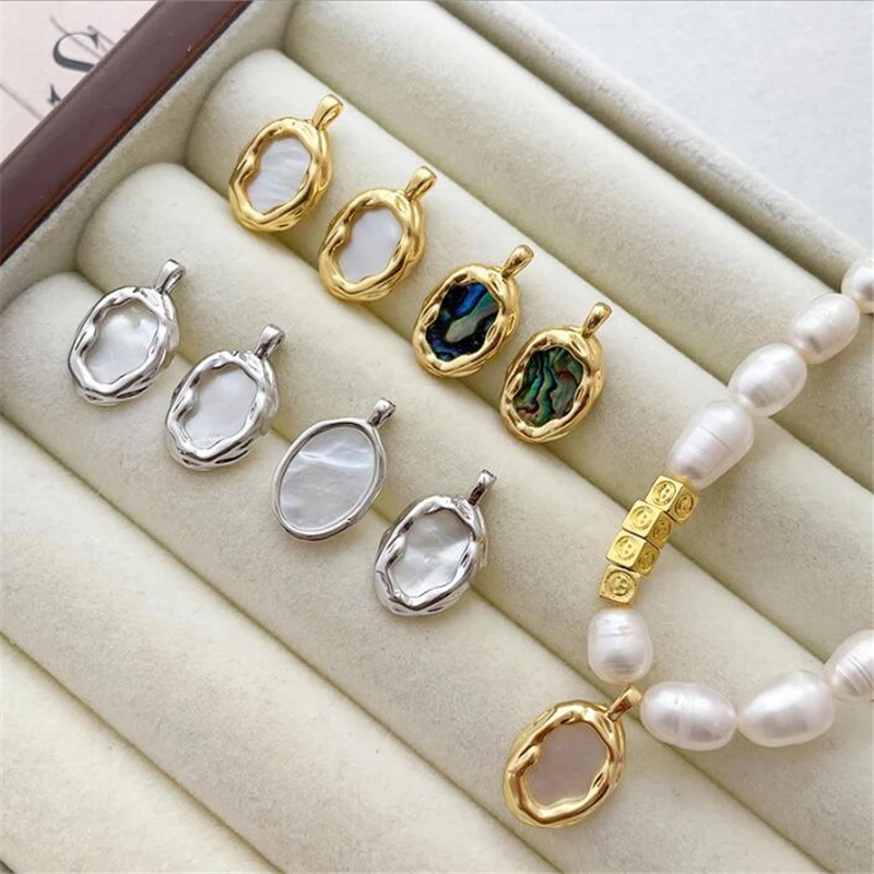 

2Pcs New Retro 18K Gold Plated Oval Natural Shell Charms Diy Earrings Components Necklace Pendant Jewelry Findings Accessories