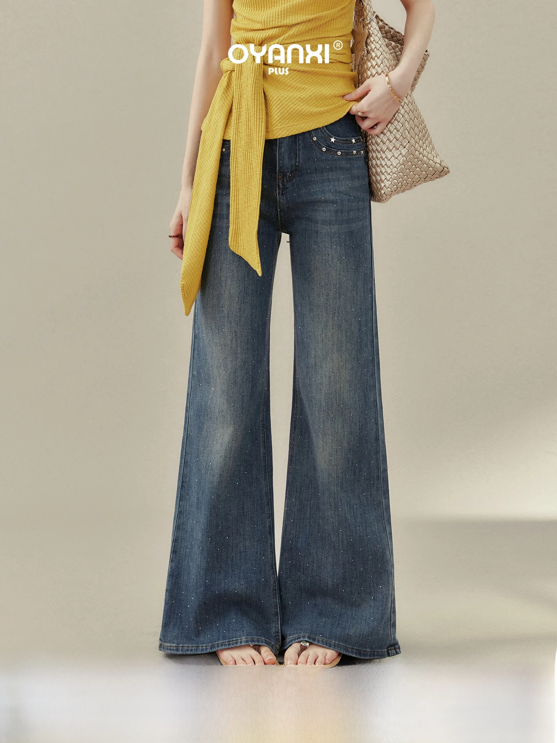 

plus Size Women's Bell Bottom Jeans with Diamond Detail High Waist Wide Leg Spring Summer Fashion Ladies Blue Denim Jeans