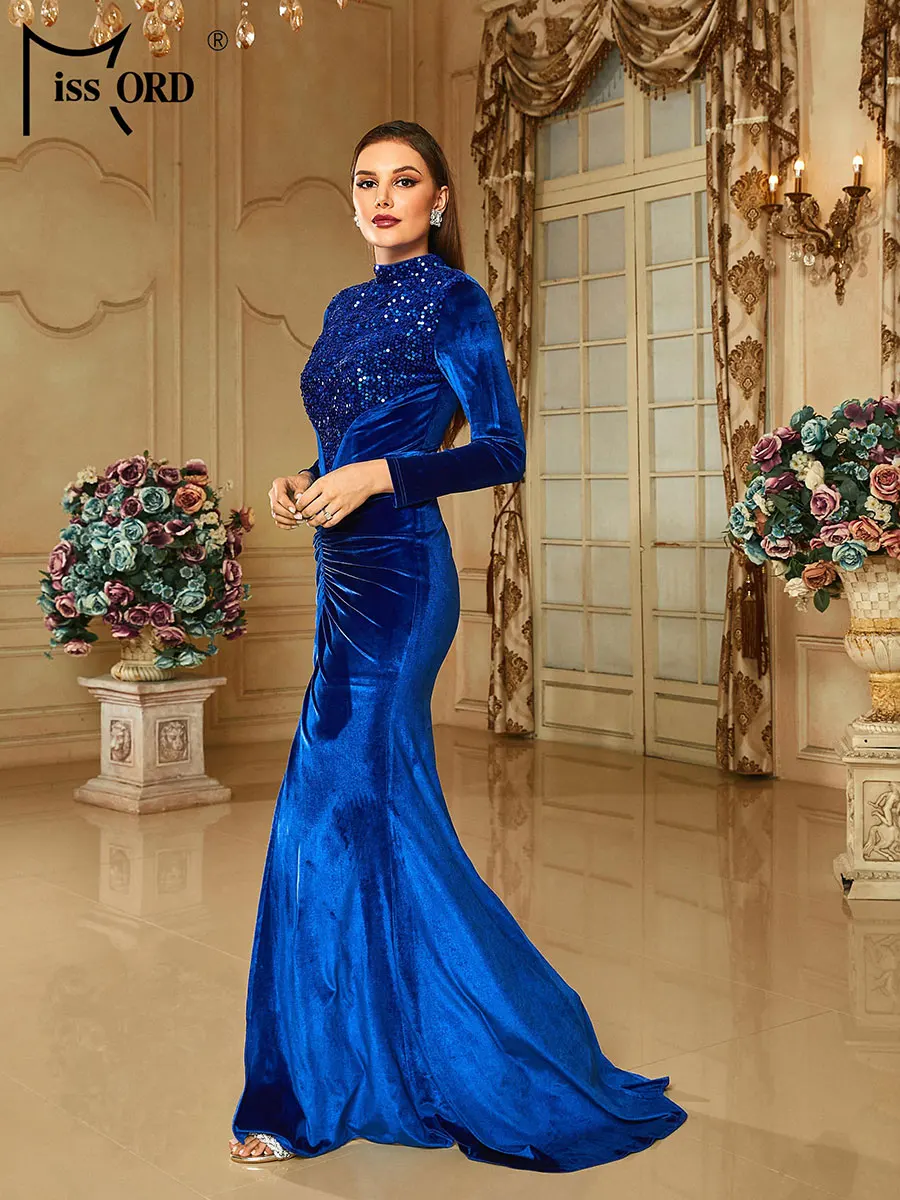 Missord Blue Velvet Evening Dresses Women Elegant Long Sleeve Sequin Ruched Front Split Maxi Mermaid Party Prom Dress Gown