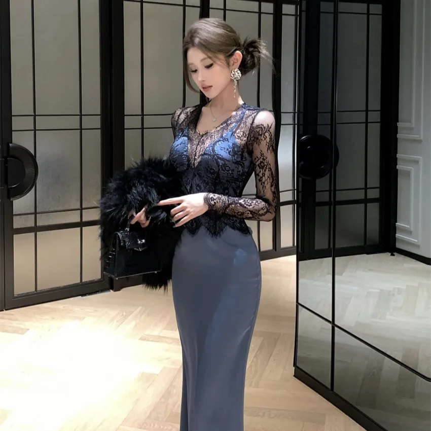 

Ele Hepburn Sle Long Dr поддельное двухсекционное кружевное платье сексуальное вечернее платье женское с высокой талией V-Ne Maxi Dr