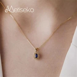 Metiseko 925 Sterling Silver Sapphire Color Cubic Zirconia Pendant Choker Necklace Oval Shape Retro Luxury Necklace for Women