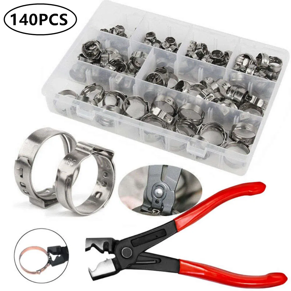 140pcs Single Ear Stepless Hose Clamps +1PC Hose Clip Clamp Pliers 7-21mm 304 Stainless Steel Hose Clamps Cinch Clamp Rings