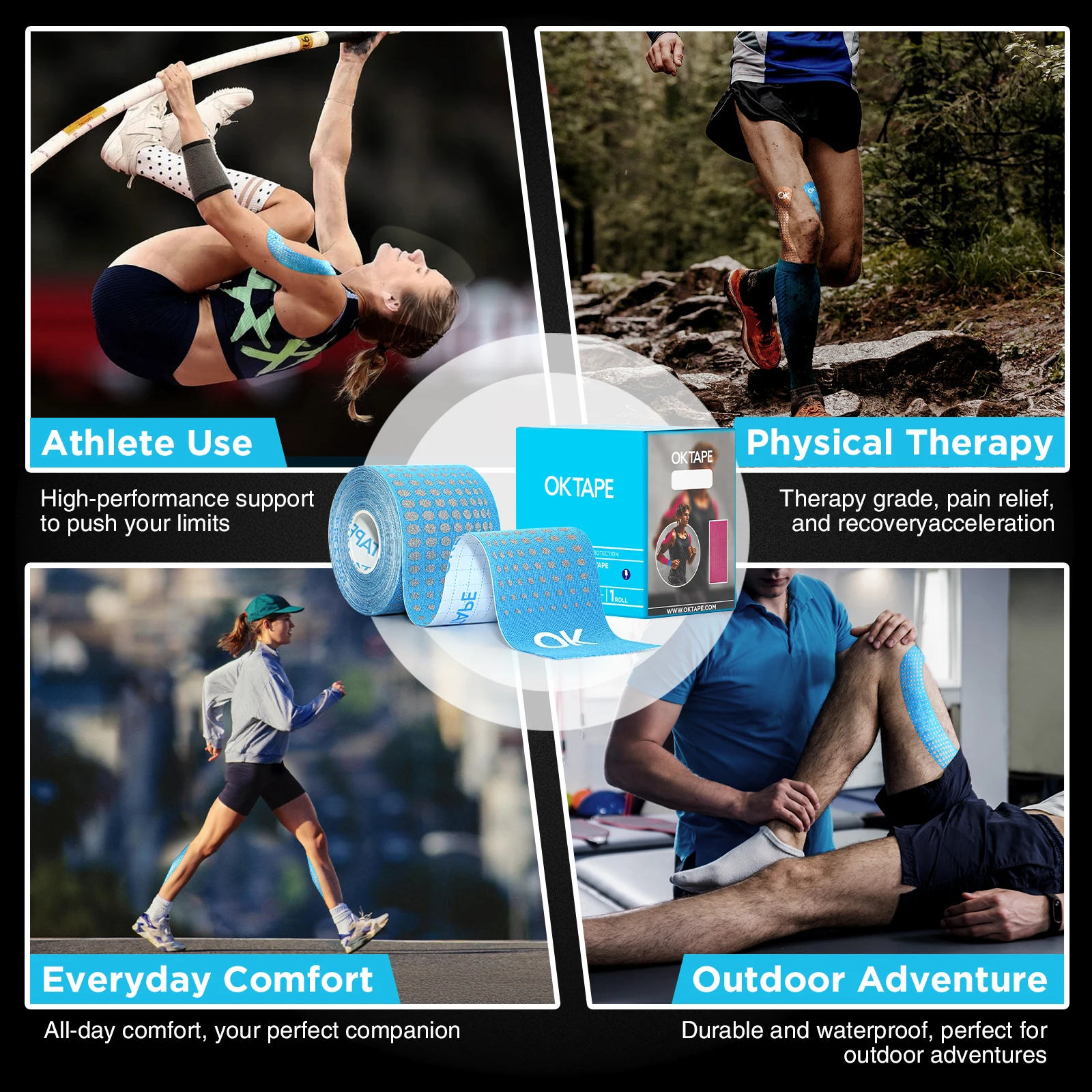 OK TAPE Synthetic Kinesiology Tape Prime, Beige Blue 5cm x 5m, Breathable Sports Athletic Tape for Joint & Muscle Pain