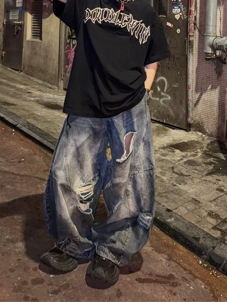 Unisex Jeans 2026 New Autumn Men's Washed Faded Ripped Jeans Reversed Waistband Design Loose Draped Wide Leg Long Pants