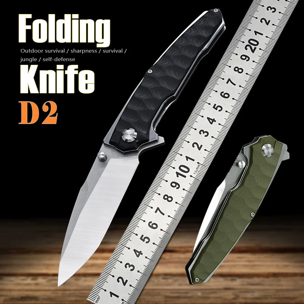 

Folding Knife G10 Handle D2 Blade Knife Survival Camping Compact Survival Tactical Hunting Self Denfense Flipper Jackknife Tool