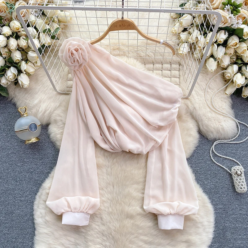 

Весенне-осенняя шифоновая рубашка, женская новая трехмерная цветочная блузка с косым вырезом и открытыми плечами, французская блузка с объемными рукавами, топ C359