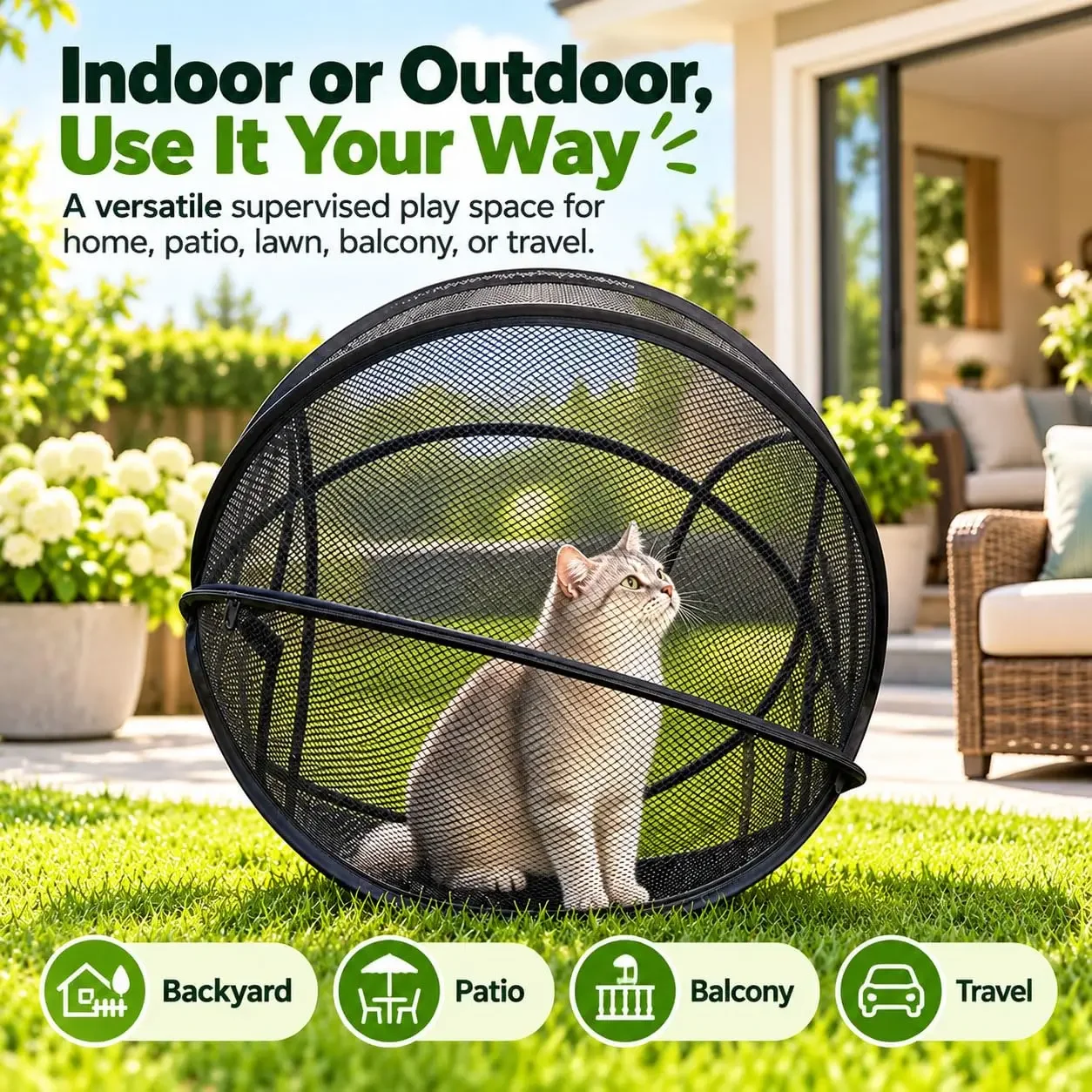 360°Panoramic Rolling Cat Playpen Cat Hamster Ball for Outside,Foldable Pop up Catio Outdoor Foldable Mesh Cat Enclosure