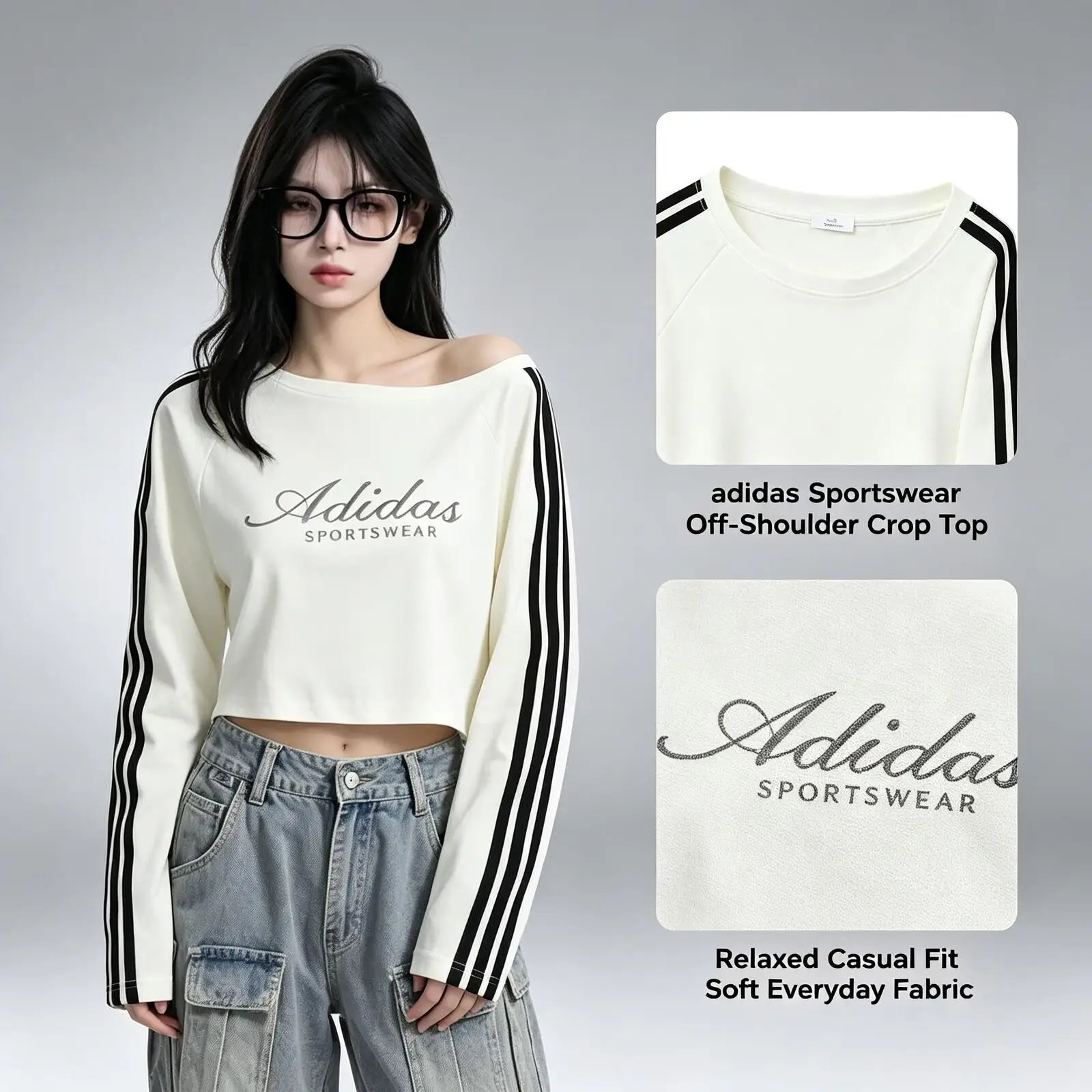 Adidas Women White Off-Shoulder Long Sleeve Crop Top Black Striped Casual Sportswear Slim Fit Blouse Streetwear Fashion Shirt