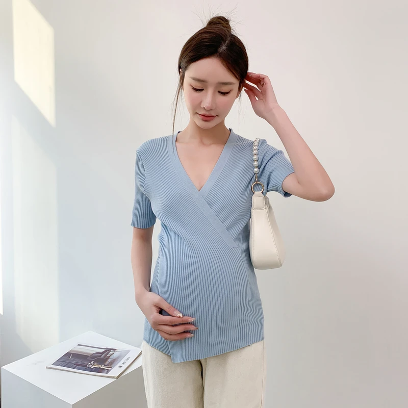 Summer Maternity V Neck Knitted Maternity Nursing Shirts Elegant Hot A Line Breastfeeding Tops Postpartum Pregnancy