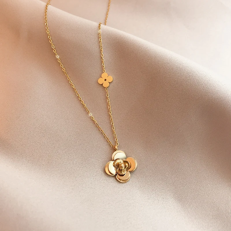 Small Camellia Necklace with Three-dimensional Design, Collarbone Chain, Chinese and Ethnic Style Flower Pendant, Titanium Steel