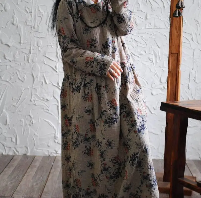 Free Size 4 Colors 2023 Atumn New Shivering Cotton Hemp Long Dress Vintage Large Hem Round Neck Art Slim Loose Robes