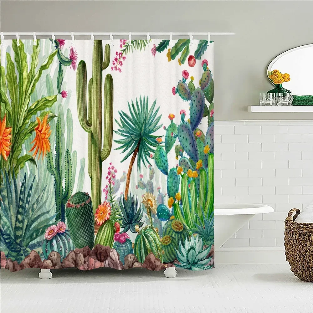 Green Cactus Shower Curtain Botanical Flower Watercolor Western Potted Succulent Farm Curtain Bathroom Decorative Shower Curtain