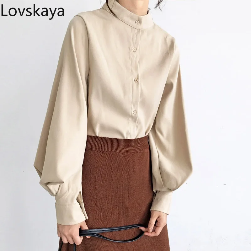 Bubble sleeves Korean style frosted long sleeved shirt women gentle style design niche stand up collar lantern sleeves