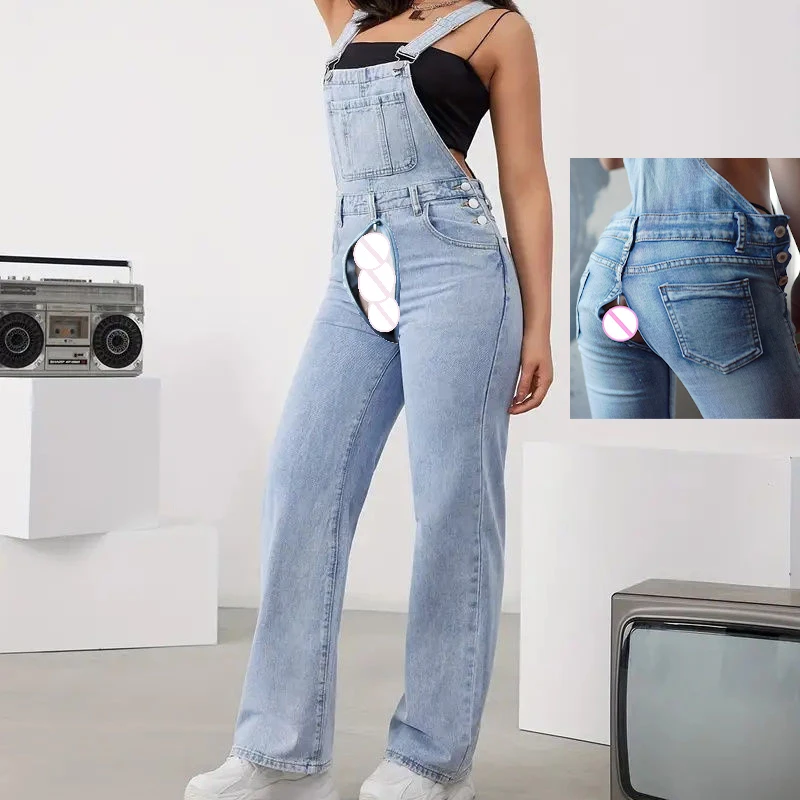 

Summer Outdoor Open Crotch Ripped Jeans Women Jumpsuit Erotic Pants Boyfriend Denim Cargo Trousers Baggy Overalls Casual Romper