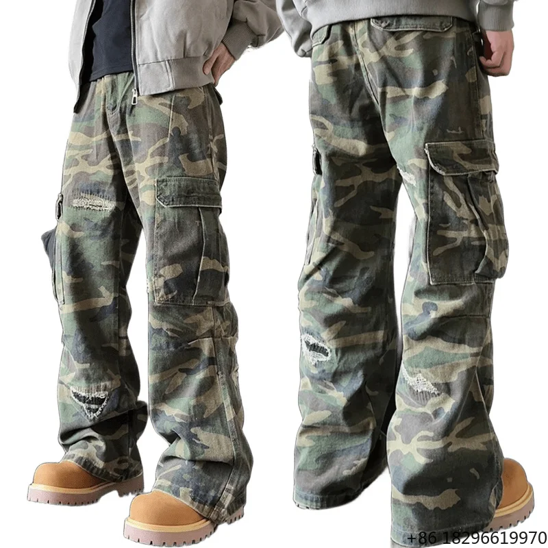 Baggy Jeans Men's Heavyweight Distressed Breathable Hip Hop Boyfriend Jeans Men's Work Pants Mid Waist Straight