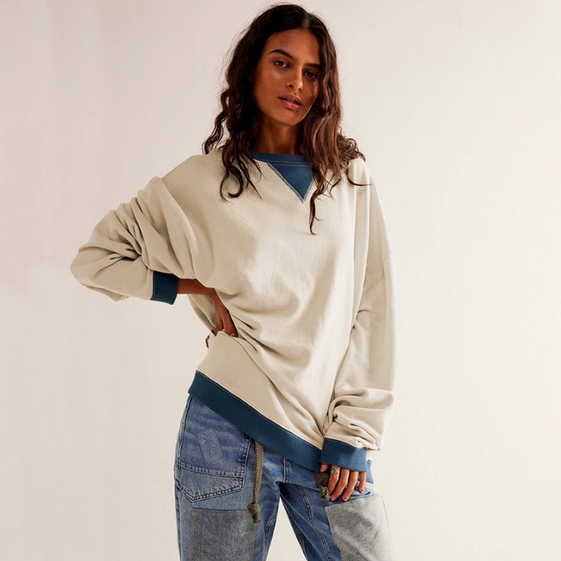 Street Style Contrasting Color Thread Long Sleeved Top Loose Trendy Brand Off Shoulder Round Neck Hoodie Jacket for Women