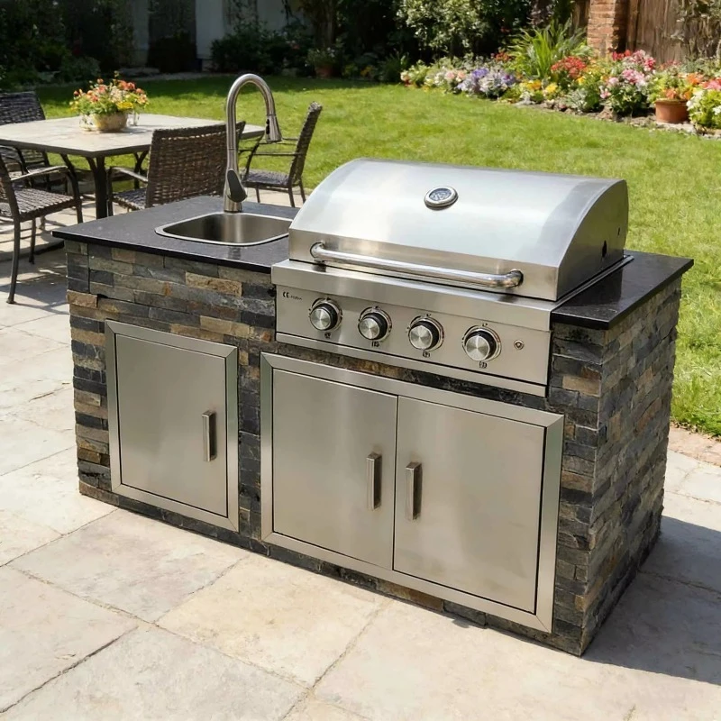 Modern Powder Coated Stainless Steel Natural Gas Garden Outdoor Kitchen Countertop Sink BBQ Grill 4 Burner Trolley Integrated XH