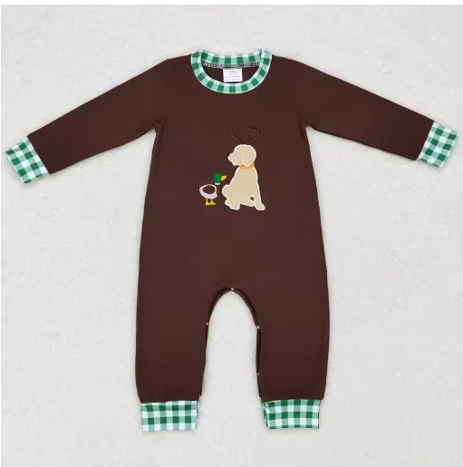 

Puppy Print Brown Long Sleeve Duck Embroidery Fall Toddler Kids Boys Body Romper