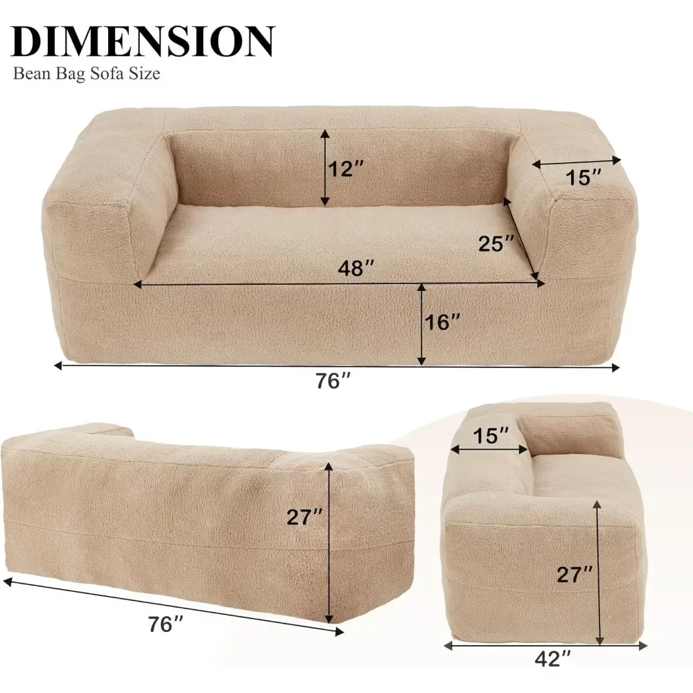 Giant Bean Bag Chair Sofa,Oversized Bean Bag Couch,Memory Foam Filled Floor Loveseat with Soft Sherpa Teddy cover Wide Armrests