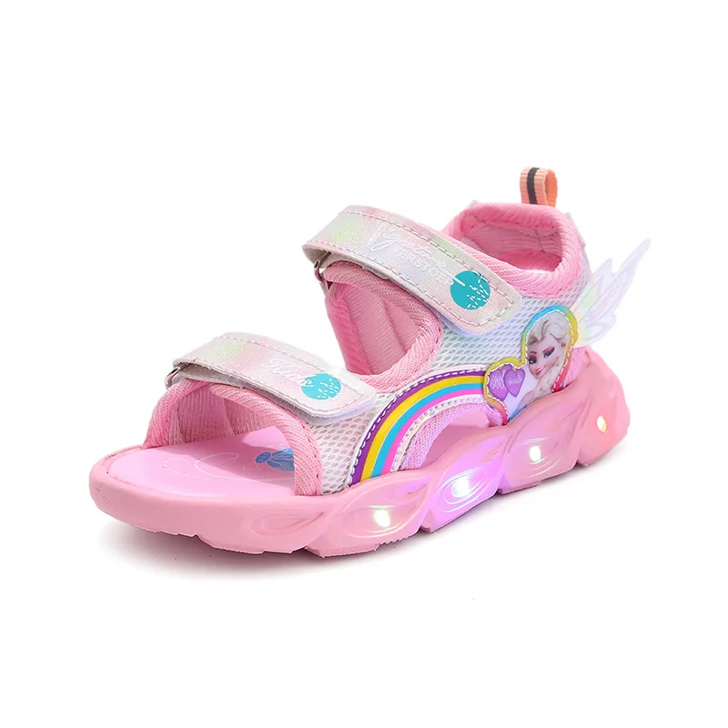 Sandali rosa Elsa per scarpe da ragazza Disney Cartoon Cute Baby Girl Beach sport sandalo moda illuminazione scarpe sandali per bambini