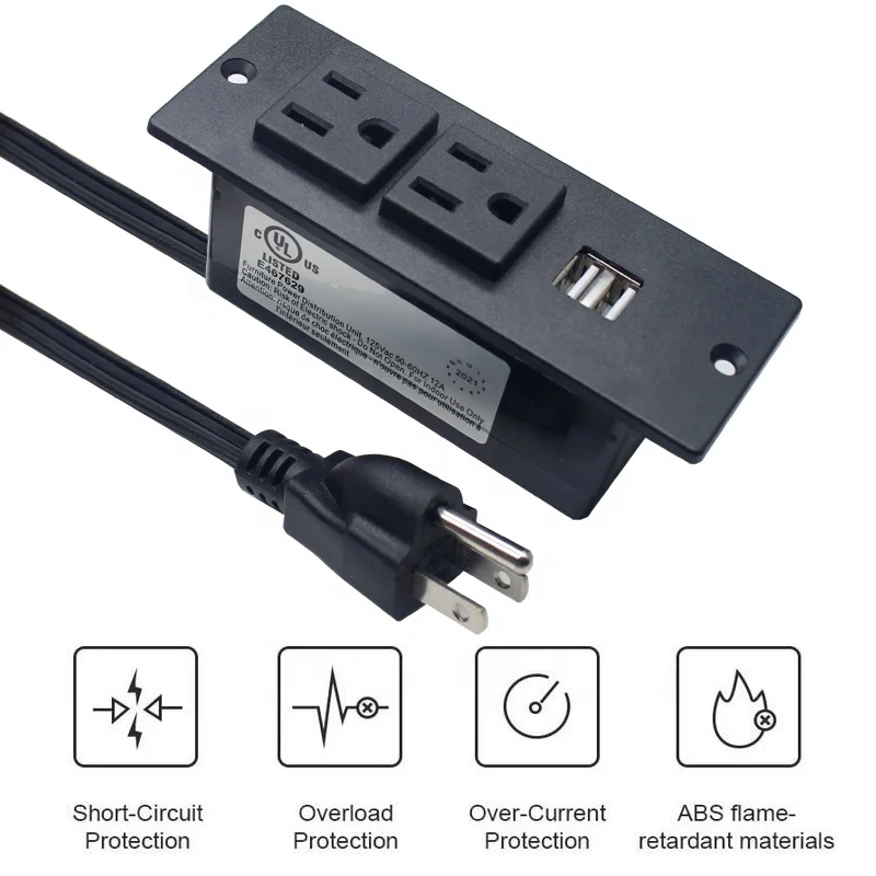 Bureautafel 2 UITGANGEN INBOUW GEMONTEERDE SOCKET MET 2 USB 1a 2a POORTEN SPT2 SJT 3X16AWG 3X14AWG 1,5m 2m netsnoer