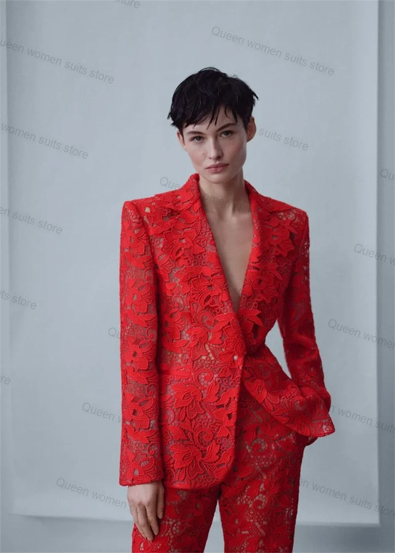 Red Lace Women Suit Pant Set 2 Piece Blazer+Trouser Sexy V Neck Formal Office Lady Coat Customized Wedding Tuxedo Prom Jacket