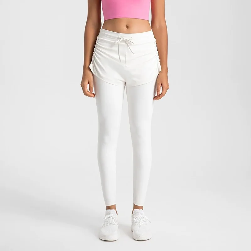 2025年秋 レディース ハイウエスト ヨガパンツ ヒップアップ フェイクツーピース レギンス スリムフィット 伸縮性 ジム ランニング トレーニング スポーツパンツ