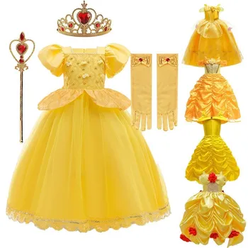 Vestido De princesa Beleza E Besta Cosplay Carnaval Traje Belle Praty Amarelo Ruched Casamento Vestido de Criança Verão Roupas de Luxo