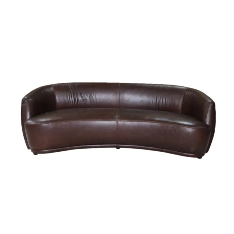 Modern minimalist curved leather sofa, brown leather solid wood frame handmade living room office furniture