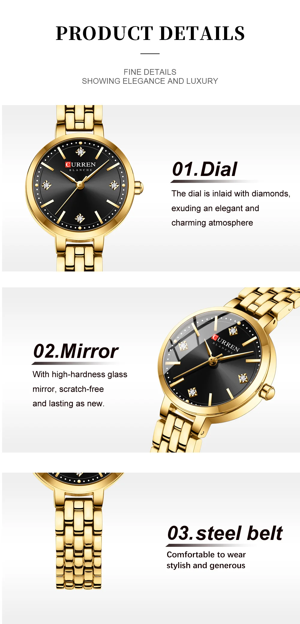 CURREN Damen Minimalistische Dünne Armbanduhr mit Funkelnden Strasssteinen, Luxuriöse Quarzuhr als Geschenk für Sie – Detail 5