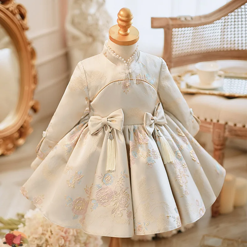 Girls' New Style First Birthday Fashionable High-End Tang Suit Bow Princess Dress