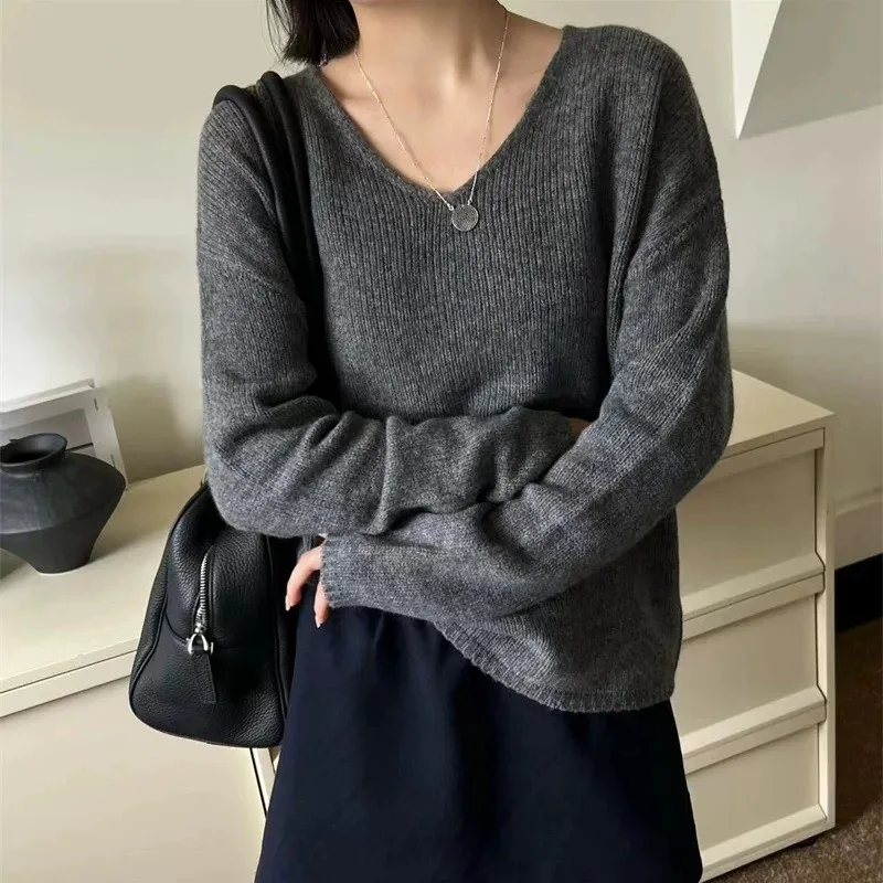 Simple Loose V-Neck 10% Cashmere Sweater Women's Bottom Knit Jumper Autumn Winter 90% Wool Knitwear Female High Quality With Top