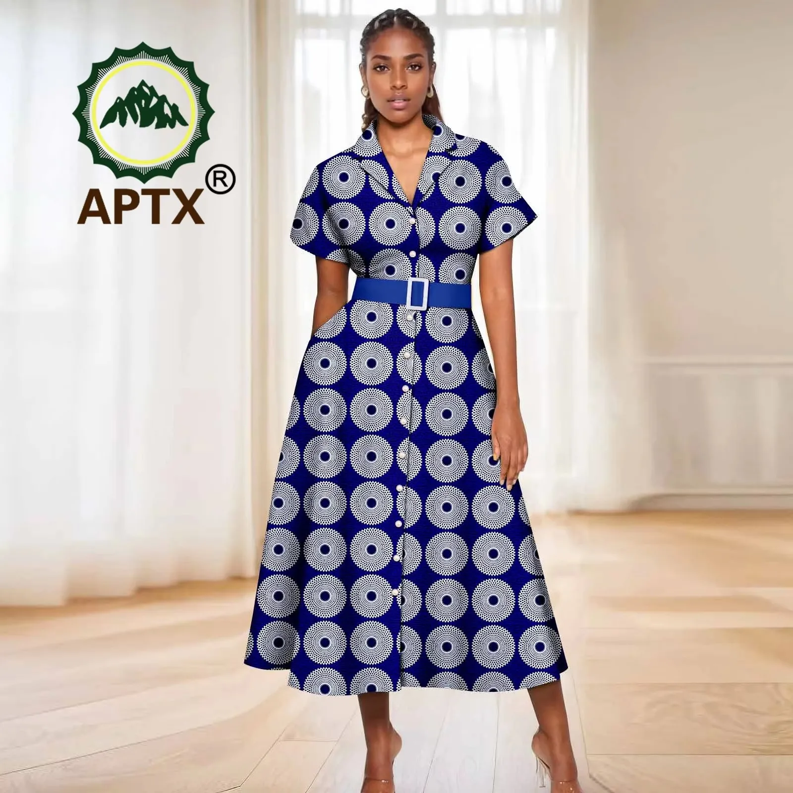 

African Dress for Women Ankara Print Short Sleeve Turndown collar Dresses with Belt Dashiki Casual Party Wedding Clothes