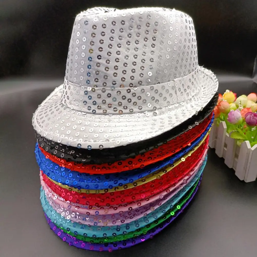 Adult Kids Sequins Jazz Hat Boys Girls Fedoras Short Brim Hemming Performance Sequins Hat Party Holiday Caps Carnival Hat