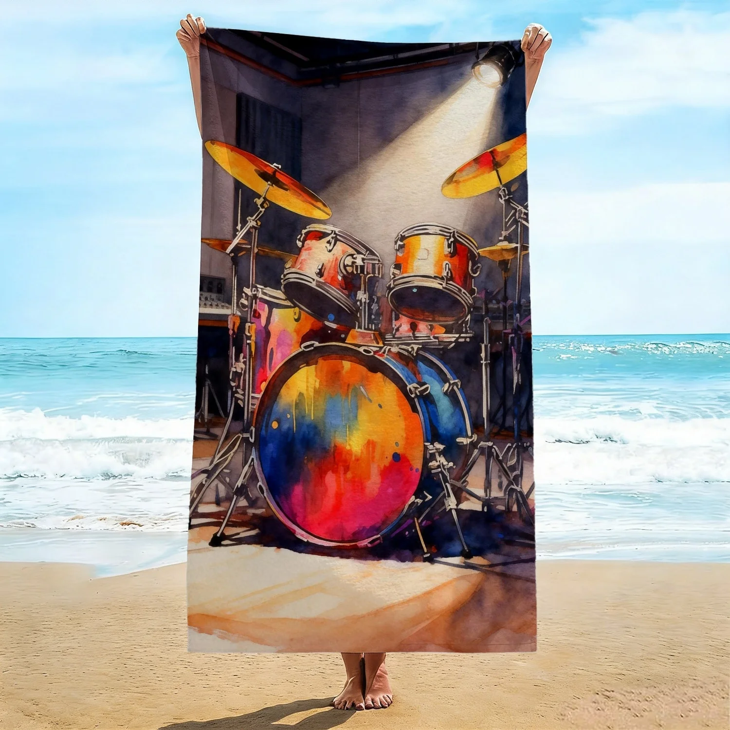 

1pcs Colorful Drum Set Beach Towel, Watercolor Drum Kit Print Oversized Bath Towel, Soft Quick Dry Music Themed Beach Blanket