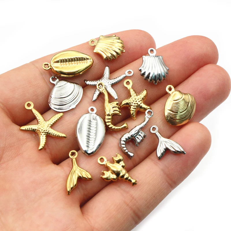 20pcs Stainless Steel Shell Starfish Lobster Charms Pendant PVD Gold Plating Crafts Necklace Bracelet Earrings DIY Accessories