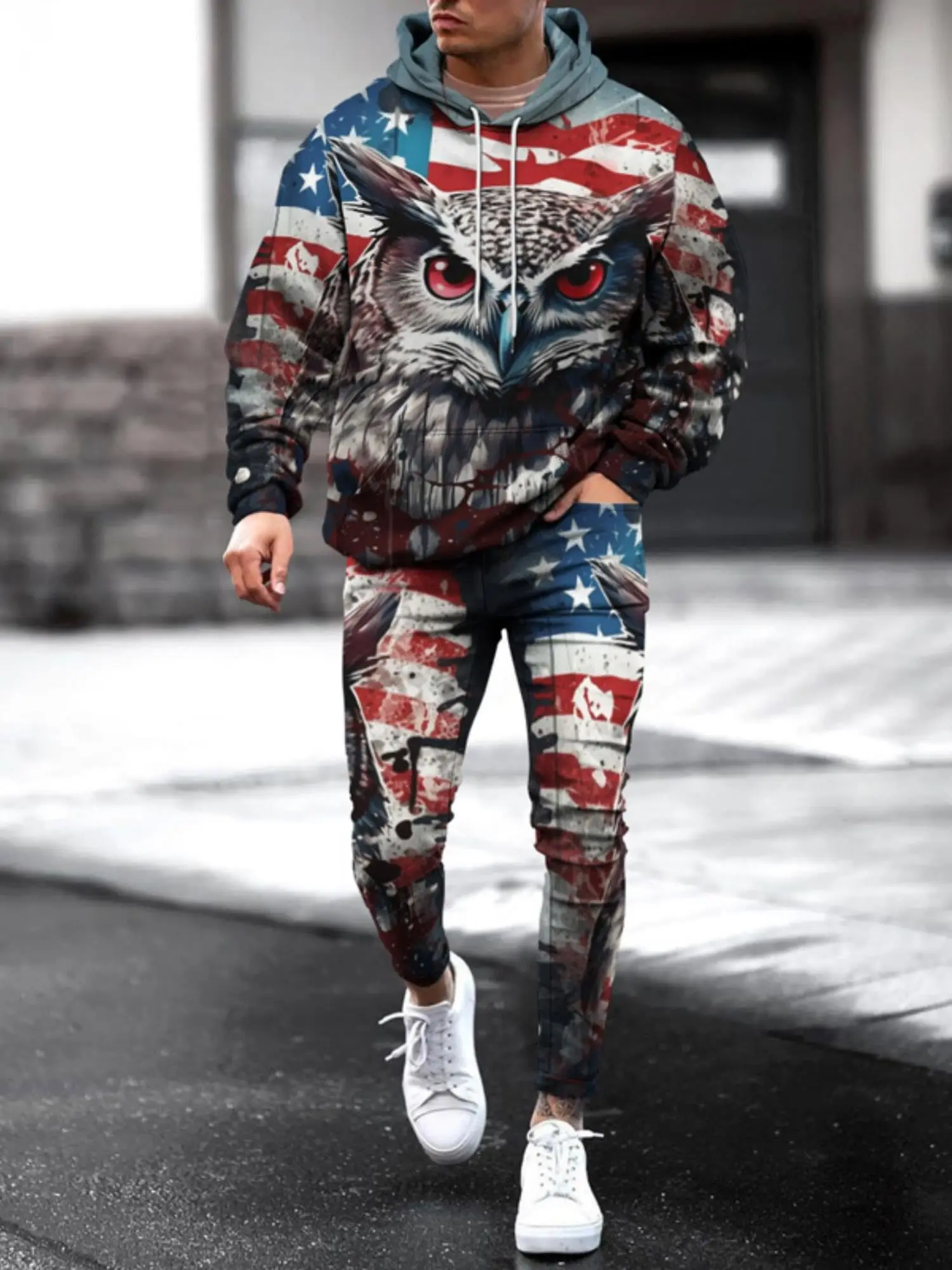 Men\'s 3d Printed Casual Flag Animal Hoodie Set Adult Two Piece Sportswear Sweatshirt Street Sweatpants Suit Men Women Universal