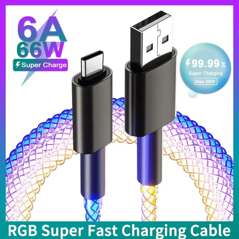 RGB Super 6A Fast Charging Date Cable Flow Cool Colorful Streamer Glowing Line For Huawei Xiaomi Type C USB C Charger