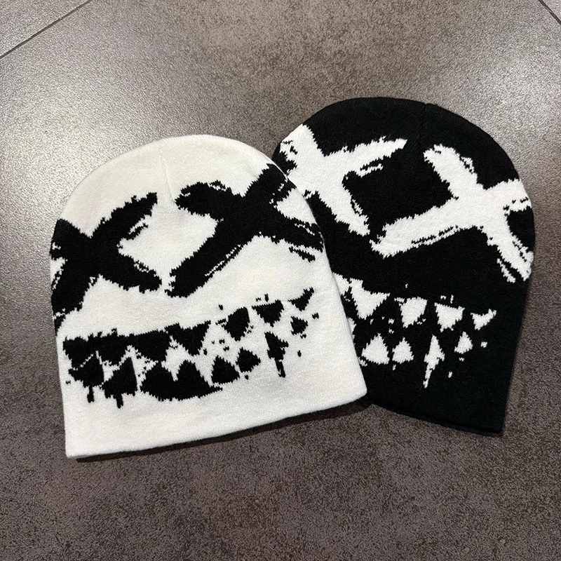 Halloween Funny XX Glasses Ghost Teeth Jacquard Knitted Hat Autumn and Winter Couple Popular Yarn Pullover Hat