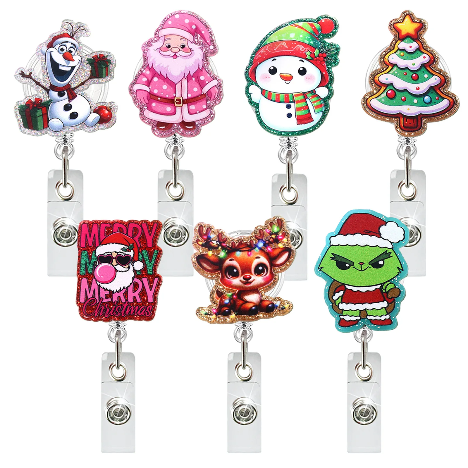 Christmas Badge Holder Colorful Glitter Acrylic Badge Reel Retractable Badge Reel Compact For Doctors Office Id Display