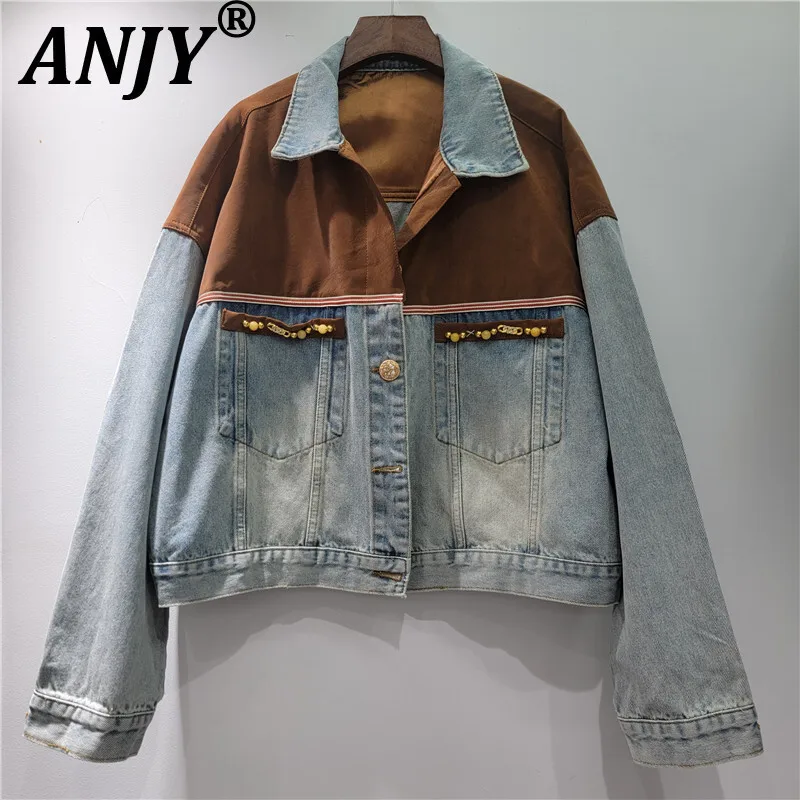 

ANJY Autumn Winter New Women Color Block Patchwork Turn-down Collar Trendy Denim Jacket Fashion Tide Single-Breasted Coat A11105