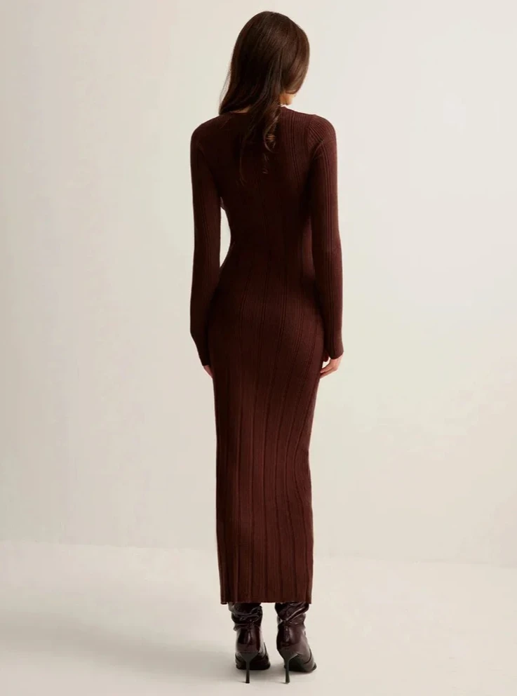 Abito da donna in maglia con scollo a V ritagliato con decorazioni in metallo, maxi abito aderente elegante in tinta unita, abito da ufficio a maniche lunghe