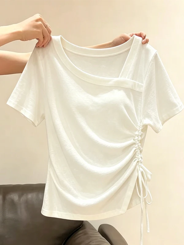 

Korean Style Summer Fashion Design Diagonal Shoulder Drawstring Short Sleeve Women's T-Shirt Casual Comfortable Breathable
