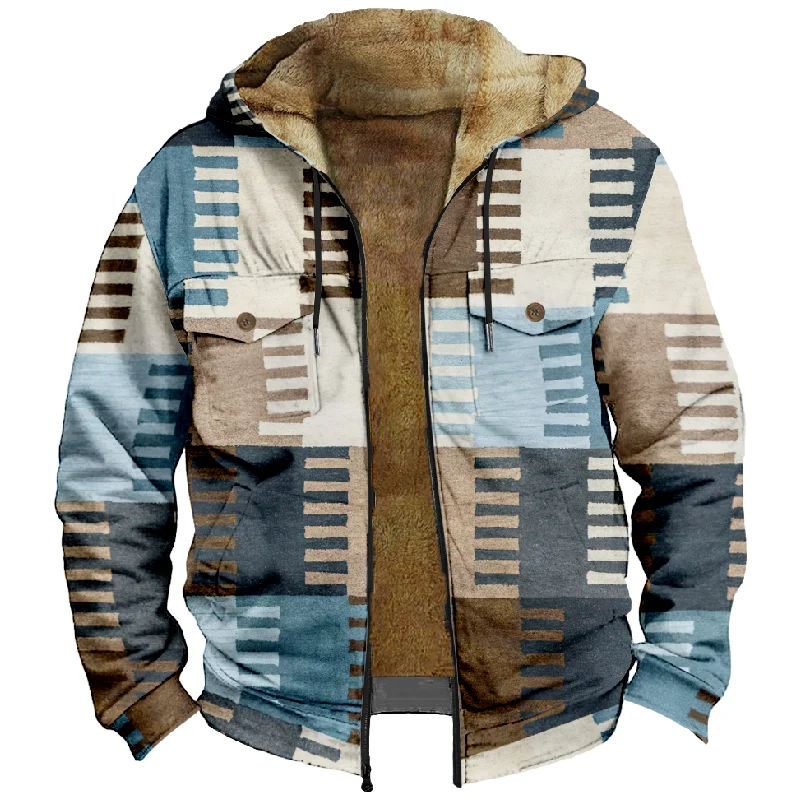 New plaid cotton jacket hooded sweater casual printed men's terry polar velvet zipper patch pocket hooded sweater a01