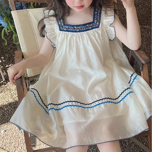 

2023 летнее платье принцессы для девочек, винтажное детское платье с маленькими летящими рукавами и вышивкой, модное детское платье феи для маленьких детей