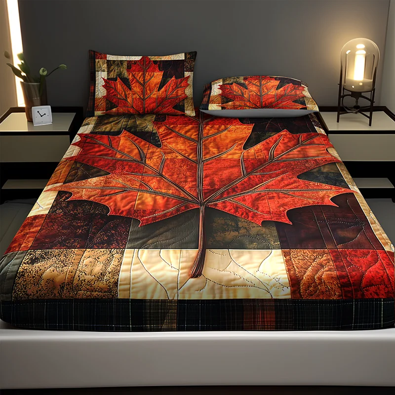 Maple Leaf Pattern Bed Cover Set High-Definition Printing for Home And Dorm Use, Warm for Autumn Classic Patchwork Style
