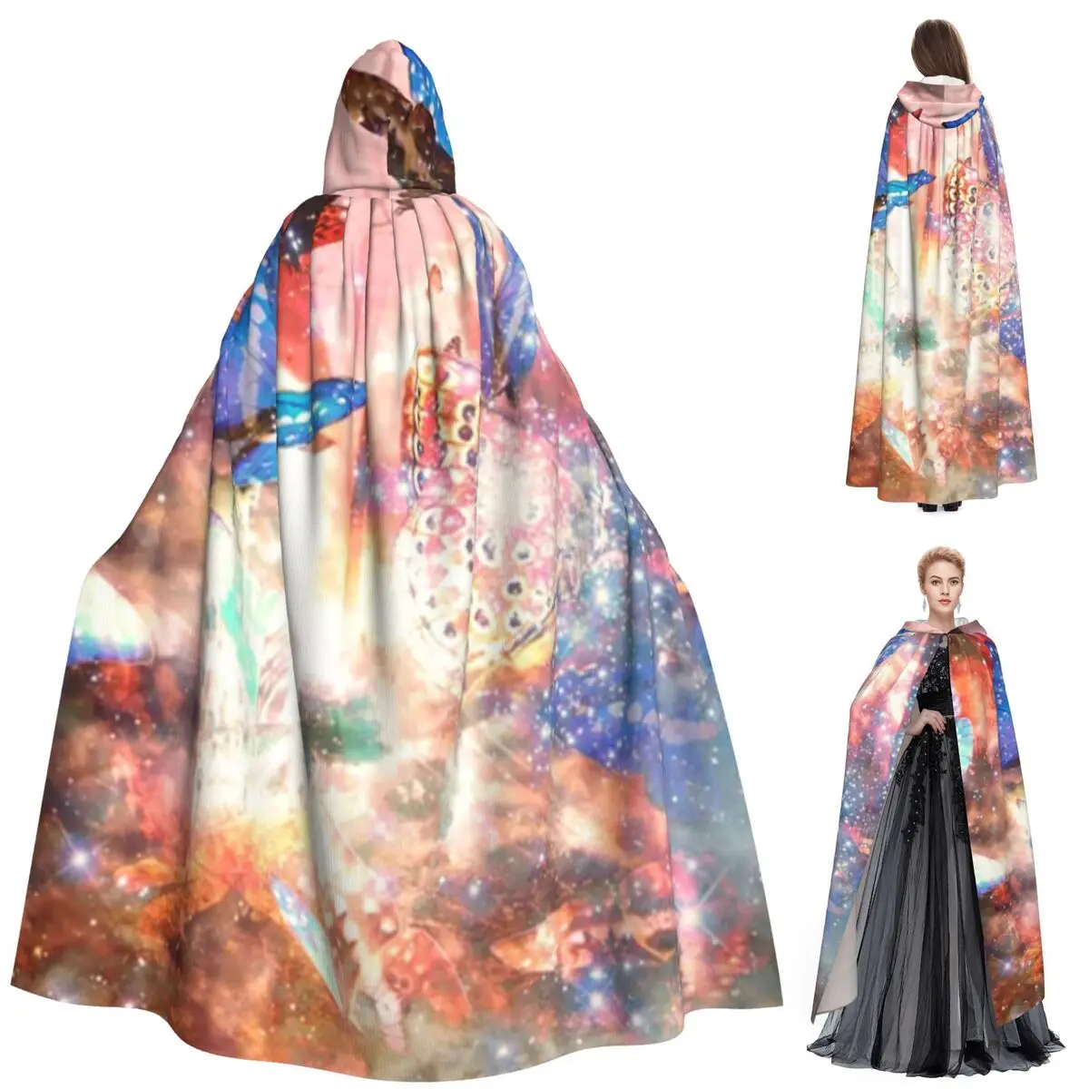 Magic Forest With Butterflies Long Hooded Cloak Witch Medieval Costume Cosplay Cape HalloweenParty Adult Unisex