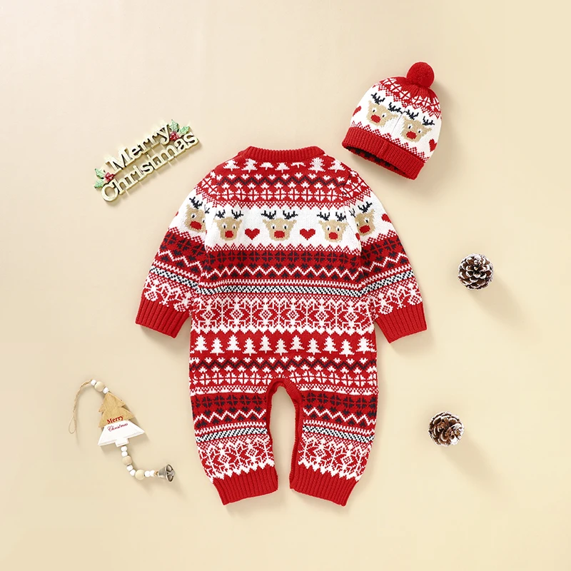 Baby Christmas Rompers Clothes Winter Red Long Sleeve Knit Newborn Boys Girls Jumpsuits Outfits Costumes Toddler Infant Playsuit